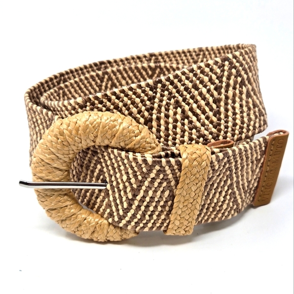 VINCE CAMUTO WIDE WOVEN STATEMENT BELT NATURAL MULTI TAN WOMEN M SUMMER RESORT - Picture 1 of 12